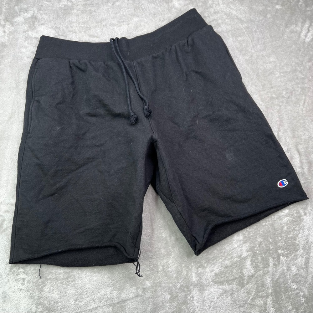 Champion Reverse Weave Shorts Mens XL Black Solid Raw Hem Fleece Drawstring